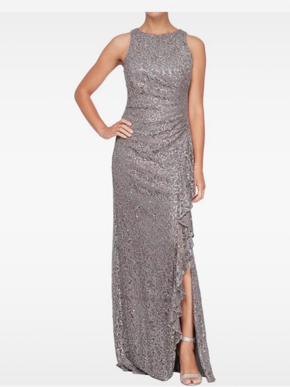 Alex Evenings Silver Metallic Lace High-Low Gown